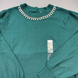 Liz Claiborne Crew Neck Sweater NEW Rhinestone Faux Pearl Neckline‎ Green Sz XL